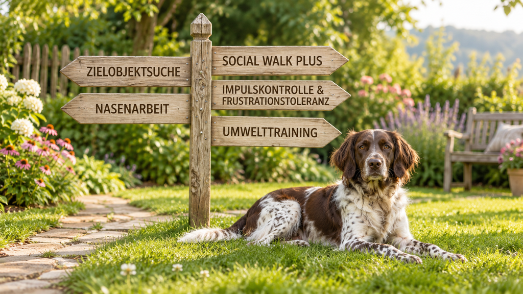 Hund vor Wegweiser mit Hinweisen auf Gruppenangebote für Hunde: Nasenarbeit, Zielobjektsuche, Umwelttraining, Social Walk Plus sowie Impulskontrolle und Frustrationstoleranz.